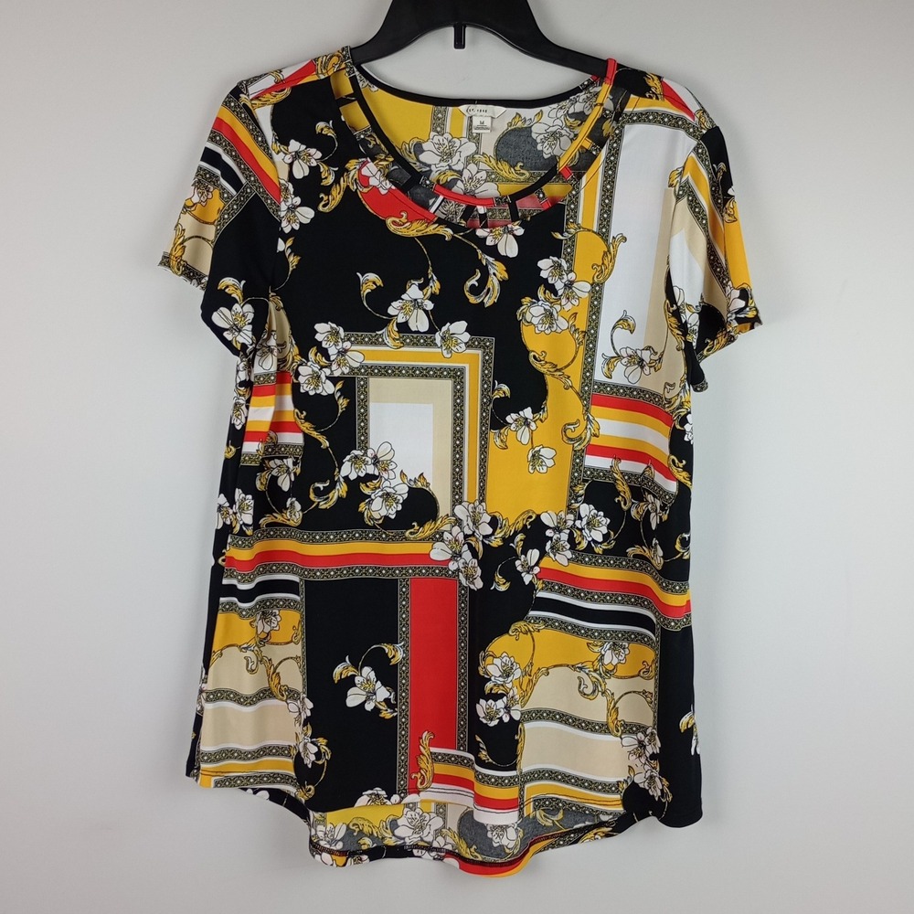C. Est. 1946 Womens M Black Yellow Floral Scarf Print Short Sleeve Casual Blouse